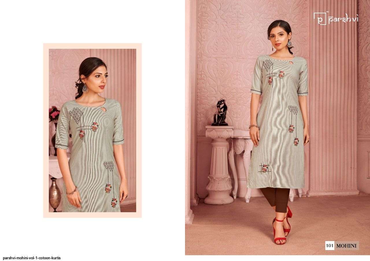 MOHINI VOL-1 BY PARSHVI 101 TO 104 SERIES DESIGNER STYLISH FANCY COLORFUL BEAUTIFUL PARTY WEAR & ETHNIC WEAR COLLECTION COTTON EMBROIDERED KURTIS AT WHOLESALE PRICE