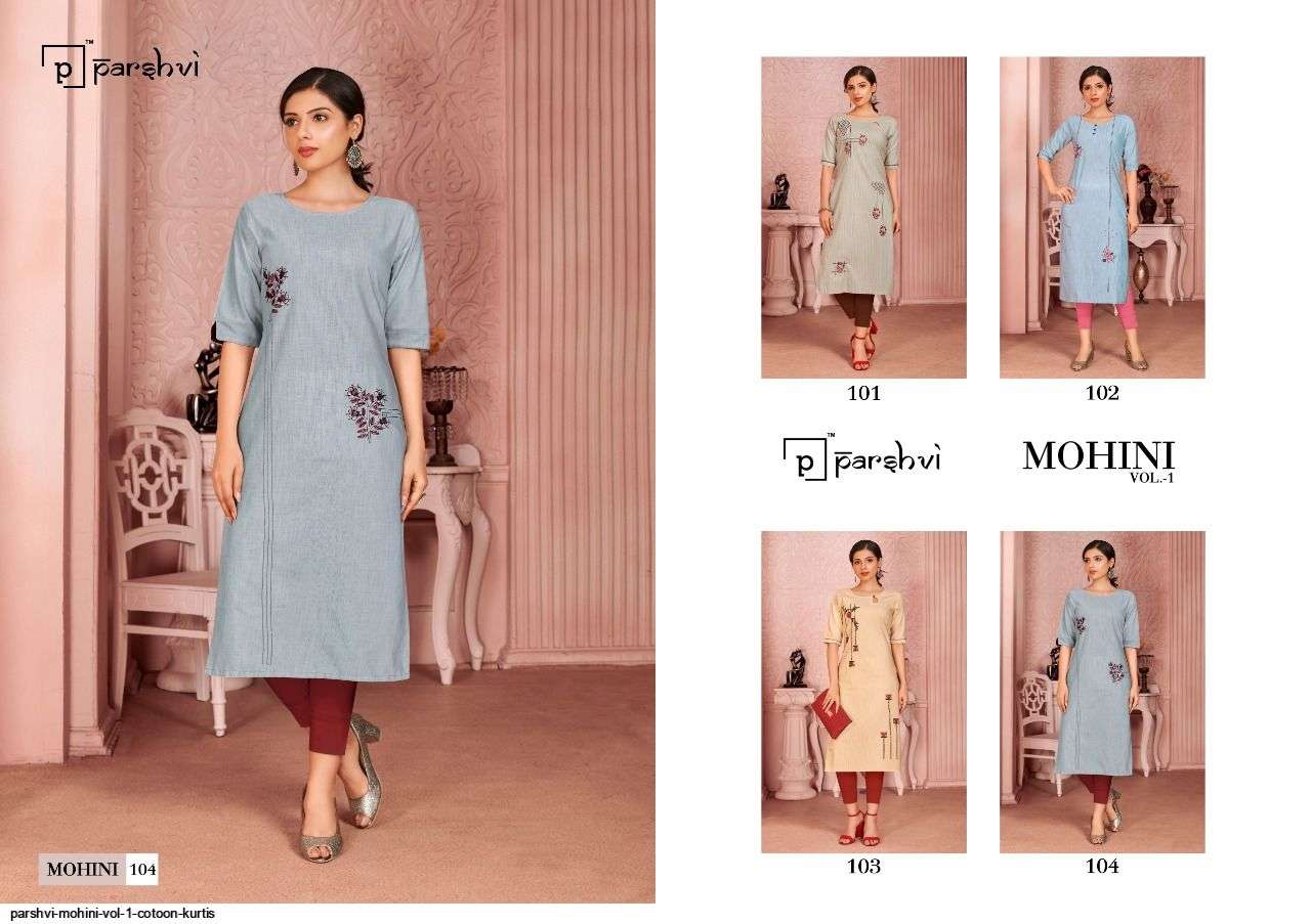 MOHINI VOL-1 BY PARSHVI 101 TO 104 SERIES DESIGNER STYLISH FANCY COLORFUL BEAUTIFUL PARTY WEAR & ETHNIC WEAR COLLECTION COTTON EMBROIDERED KURTIS AT WHOLESALE PRICE