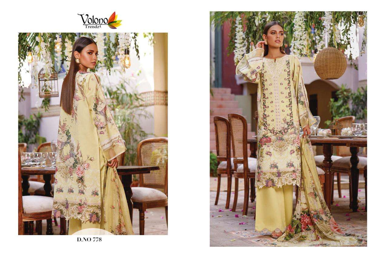 FIRDOUS VOL-11-2021 BY VOLONO TRENDZ 777 TO 781 SERIES BEAUTIFUL PAKISTANI SUITS STYLISH FANCY COLORFUL PARTY WEAR & OCCASIONAL WEAR PURE COTTON PRINT WITH EMBROIDERY DRESSES AT WHOLESALE PRICE