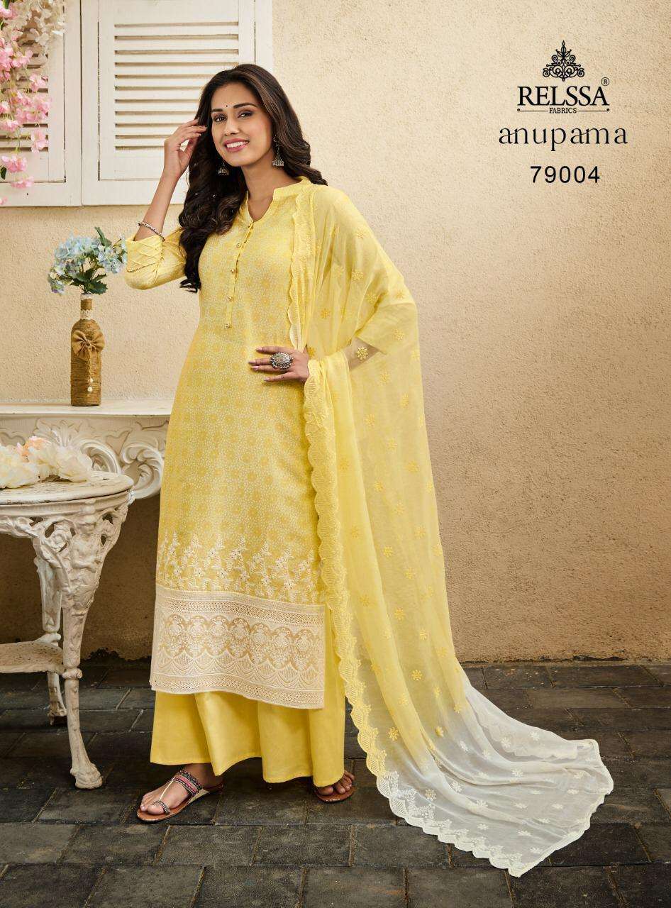 ANUPAMA BY RELSSA FABRICS 79001 TO 79006 SERIES BEAUTIFUL STYLISH SHARARA SUITS FANCY COLORFUL CASUAL WEAR & ETHNIC WEAR & READY TO WEAR COTTON EMBROIDERED DRESSES AT WHOLESALE PRICE