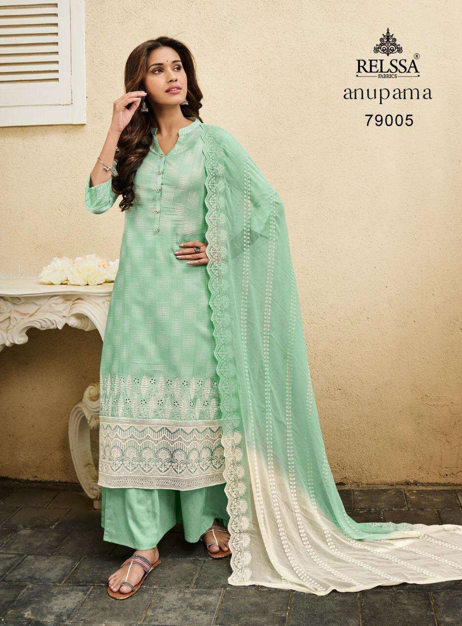 ANUPAMA BY RELSSA FABRICS 79001 TO 79006 SERIES BEAUTIFUL STYLISH SHARARA SUITS FANCY COLORFUL CASUAL WEAR & ETHNIC WEAR & READY TO WEAR COTTON EMBROIDERED DRESSES AT WHOLESALE PRICE