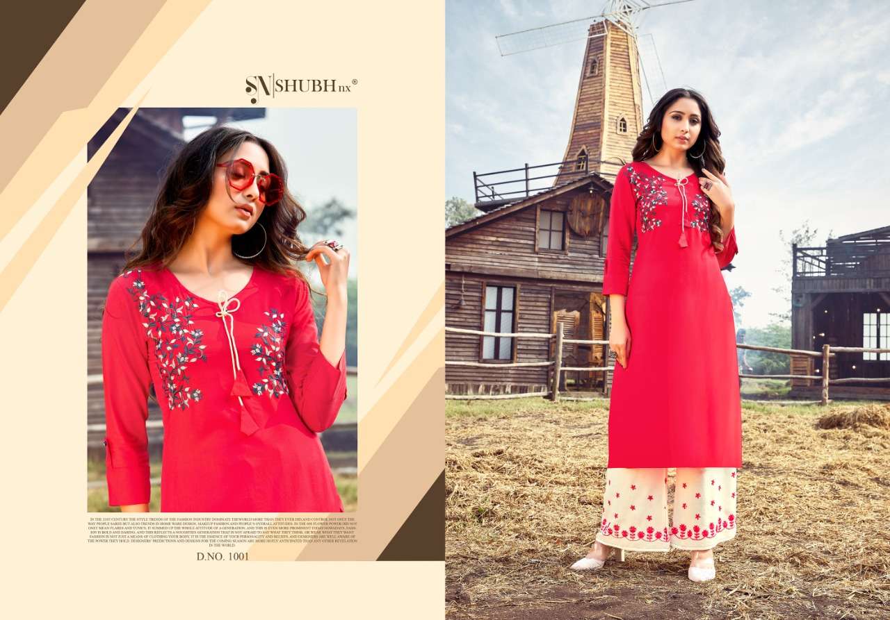 PLAZO QUEEN BY SHUBH NX 1001 TO 1008 SERIES STYLISH FANCY BEAUTIFUL COLORFUL CASUAL WEAR & ETHNIC WEAR RAYON EMBROIDERED KURTIS WITH BOTTOM AT WHOLESALE PRICE