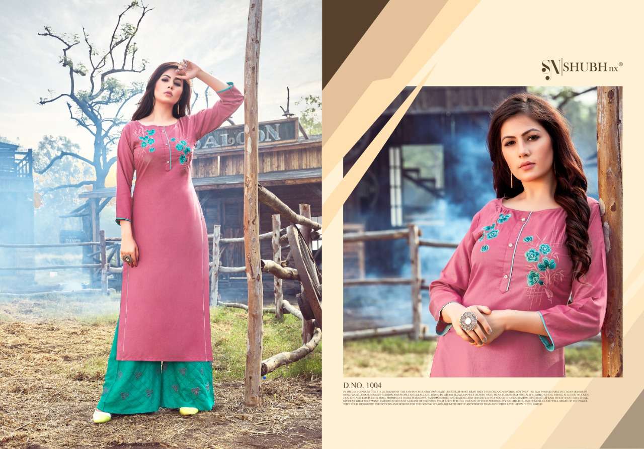 PLAZO QUEEN BY SHUBH NX 1001 TO 1008 SERIES STYLISH FANCY BEAUTIFUL COLORFUL CASUAL WEAR & ETHNIC WEAR RAYON EMBROIDERED KURTIS WITH BOTTOM AT WHOLESALE PRICE