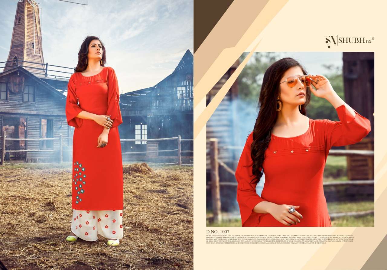 PLAZO QUEEN BY SHUBH NX 1001 TO 1008 SERIES STYLISH FANCY BEAUTIFUL COLORFUL CASUAL WEAR & ETHNIC WEAR RAYON EMBROIDERED KURTIS WITH BOTTOM AT WHOLESALE PRICE