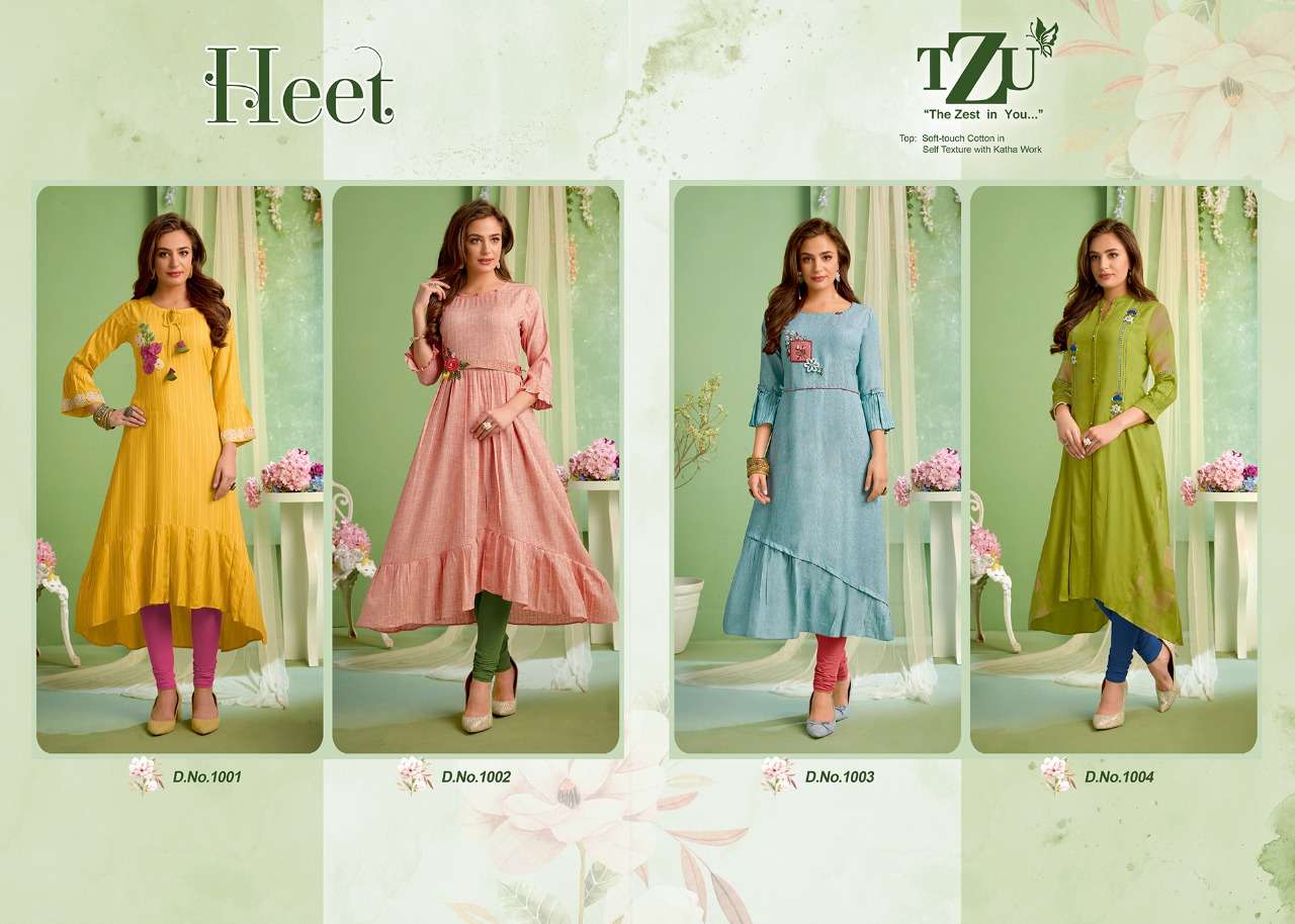 HEET BY TZU 1001 TO 1004 SERIES DESIGNER STYLISH FANCY COLORFUL BEAUTIFUL PARTY WEAR & ETHNIC WEAR COLLECTION SOFT COTTON WITH WORK KURTIS AT WHOLESALE PRICE