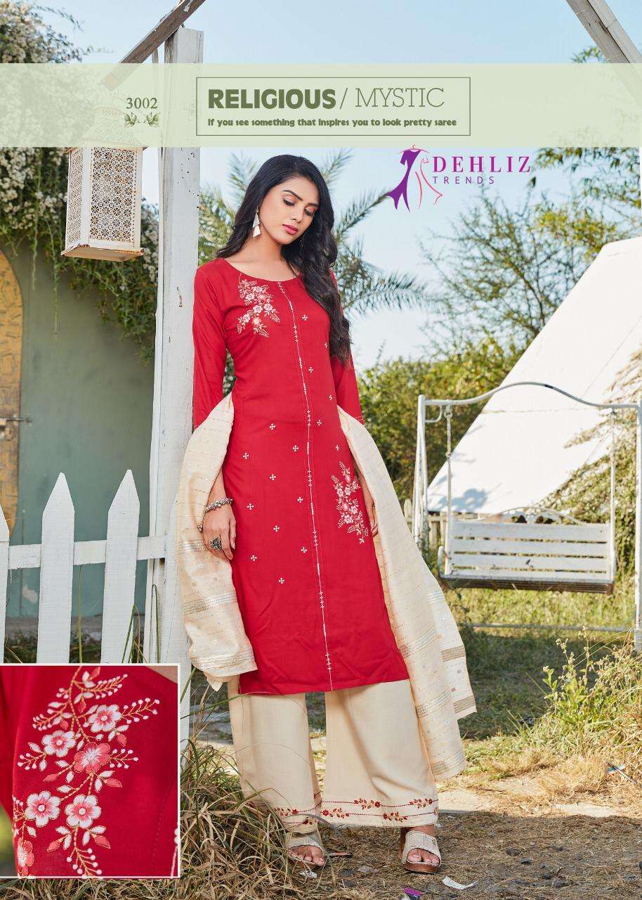 PAALAV VOL-3 BY DEHLIZ TRENDZ 3001 TO 3006 SERIES BEAUTIFUL SUITS COLORFUL STYLISH FANCY CASUAL WEAR & ETHNIC WEAR PREMIUM RAYON EMBROIDERED DRESSES AT WHOLESALE PRICE