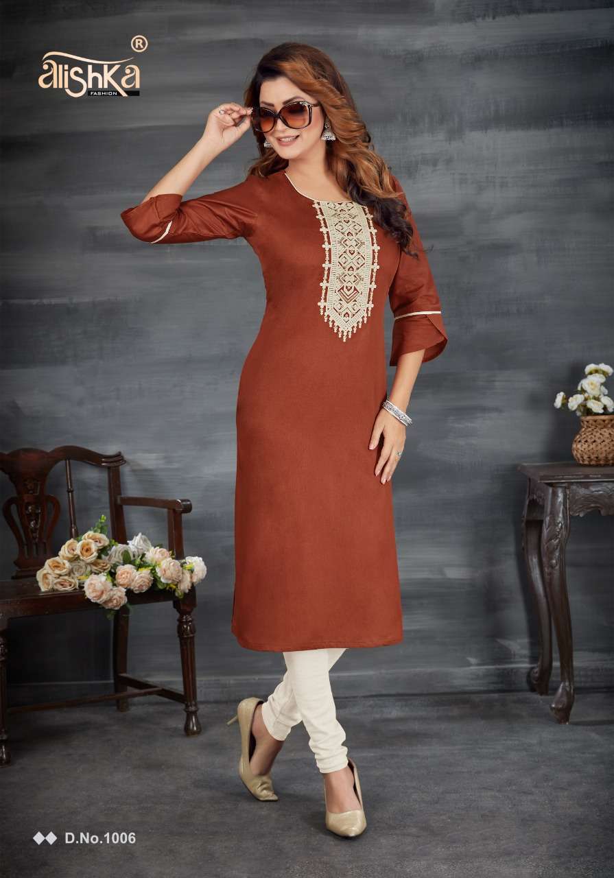 SPARKLE BY ALISHKA FASHION 1001 TO 1006 SERIES DESIGNER STYLISH FANCY COLORFUL BEAUTIFUL PARTY WEAR & ETHNIC WEAR COLLECTION COTTON EMBROIDERY KURTIS AT WHOLESALE PRICE