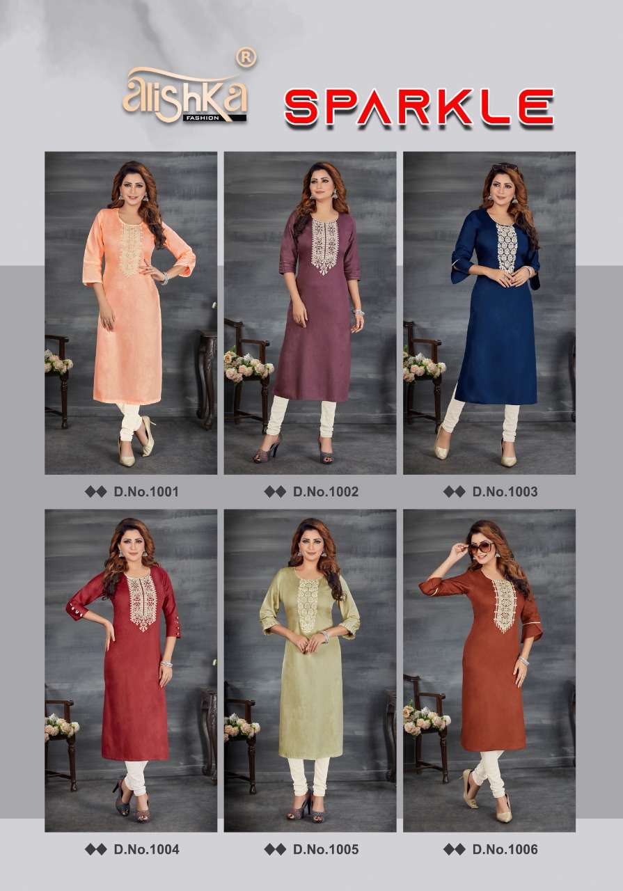 SPARKLE BY ALISHKA FASHION 1001 TO 1006 SERIES DESIGNER STYLISH FANCY COLORFUL BEAUTIFUL PARTY WEAR & ETHNIC WEAR COLLECTION COTTON EMBROIDERY KURTIS AT WHOLESALE PRICE