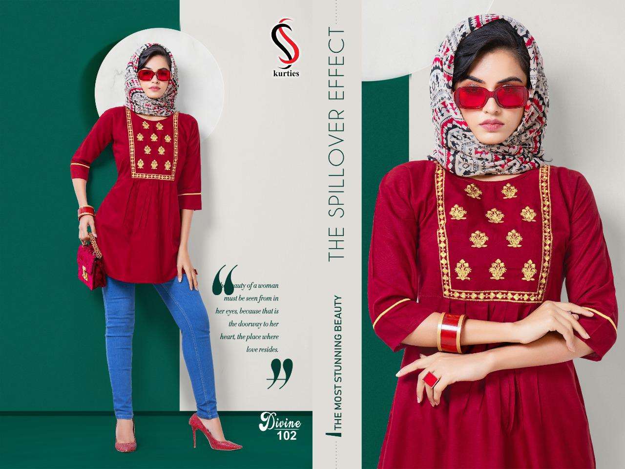 DIVINE BY S S KURTIS 101 TO 109 SERIES DESIGNER STYLISH FANCY COLORFUL BEAUTIFUL PARTY WEAR & ETHNIC WEAR COLLECTION RAYON EMBROIDERY TOPS AT WHOLESALE PRICE