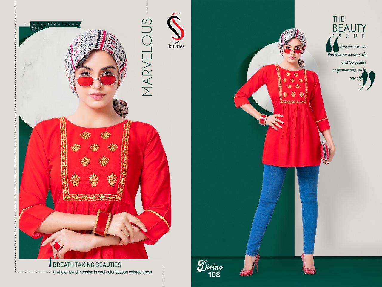 DIVINE BY S S KURTIS 101 TO 109 SERIES DESIGNER STYLISH FANCY COLORFUL BEAUTIFUL PARTY WEAR & ETHNIC WEAR COLLECTION RAYON EMBROIDERY TOPS AT WHOLESALE PRICE
