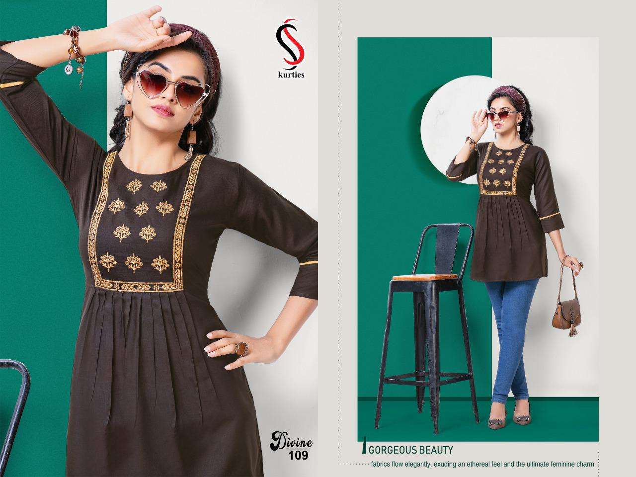 DIVINE BY S S KURTIS 101 TO 109 SERIES DESIGNER STYLISH FANCY COLORFUL BEAUTIFUL PARTY WEAR & ETHNIC WEAR COLLECTION RAYON EMBROIDERY TOPS AT WHOLESALE PRICE