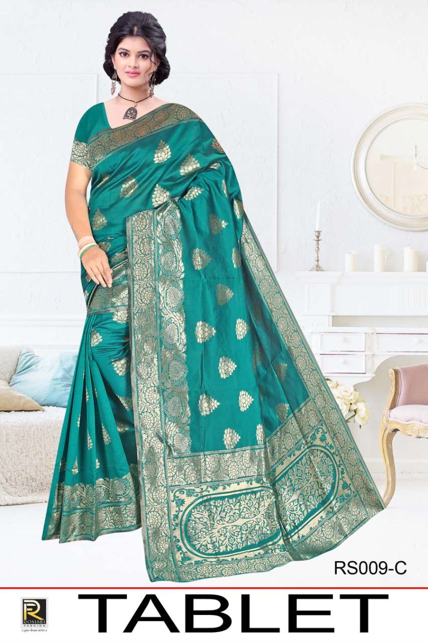 TABLET BY RONISHA FASHION 009 TO 009-E SERIES INDIAN TRADITIONAL WEAR COLLECTION BEAUTIFUL STYLISH FANCY COLORFUL PARTY WEAR & OCCASIONAL WEAR SILK SAREES AT WHOLESALE PRICE