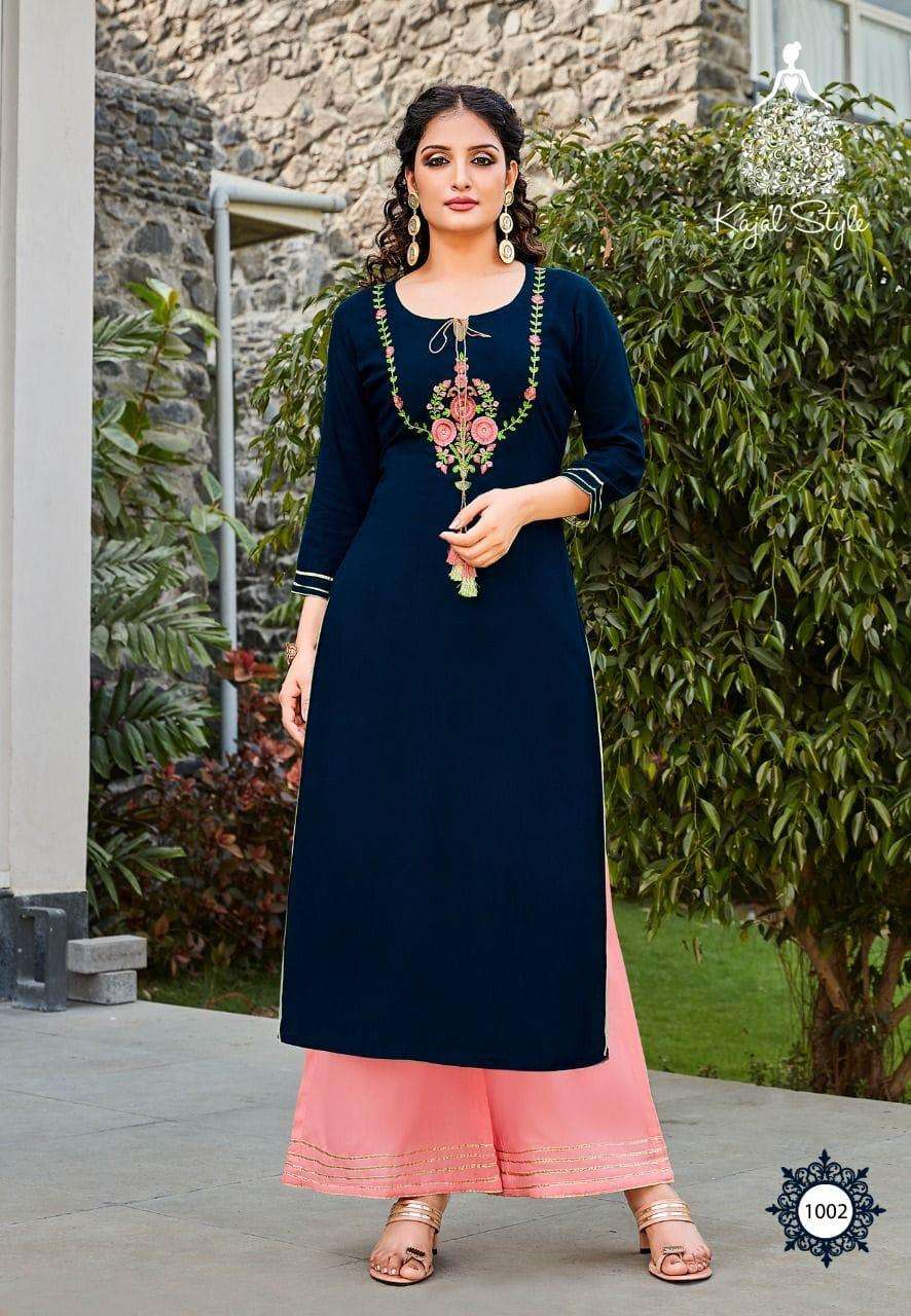 FASHION DIVA VOL-1 BY KAJAL STYLE 1001 TO 1008 SERIES BEAUTIFUL STYLISH FANCY COLORFUL CASUAL WEAR & ETHNIC WEAR HEAVY RAYON EMBROIDERED KURTIS WITH BOTTOM AT WHOLESALE PRICE
