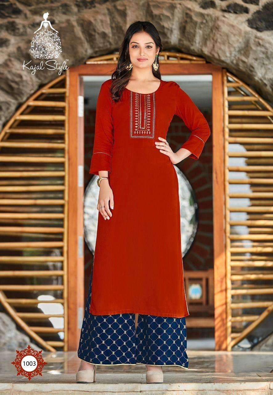 FASHION DIVA VOL-1 BY KAJAL STYLE 1001 TO 1008 SERIES BEAUTIFUL STYLISH FANCY COLORFUL CASUAL WEAR & ETHNIC WEAR HEAVY RAYON EMBROIDERED KURTIS WITH BOTTOM AT WHOLESALE PRICE