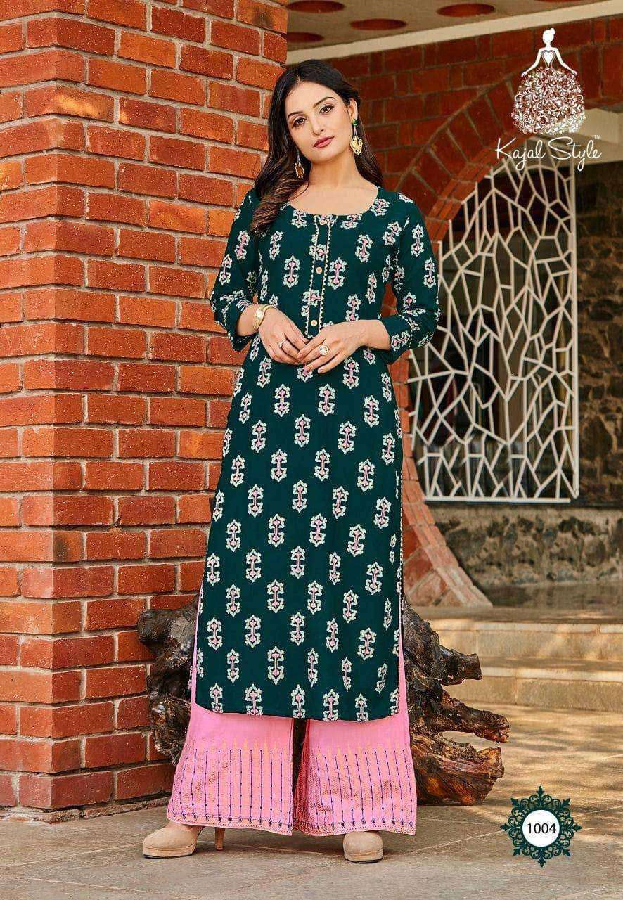 FASHION DIVA VOL-1 BY KAJAL STYLE 1001 TO 1008 SERIES BEAUTIFUL STYLISH FANCY COLORFUL CASUAL WEAR & ETHNIC WEAR HEAVY RAYON EMBROIDERED KURTIS WITH BOTTOM AT WHOLESALE PRICE