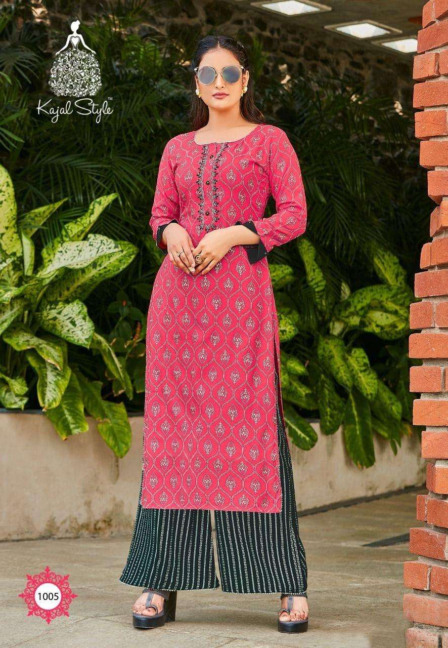 FASHION DIVA VOL-1 BY KAJAL STYLE 1001 TO 1008 SERIES BEAUTIFUL STYLISH FANCY COLORFUL CASUAL WEAR & ETHNIC WEAR HEAVY RAYON EMBROIDERED KURTIS WITH BOTTOM AT WHOLESALE PRICE