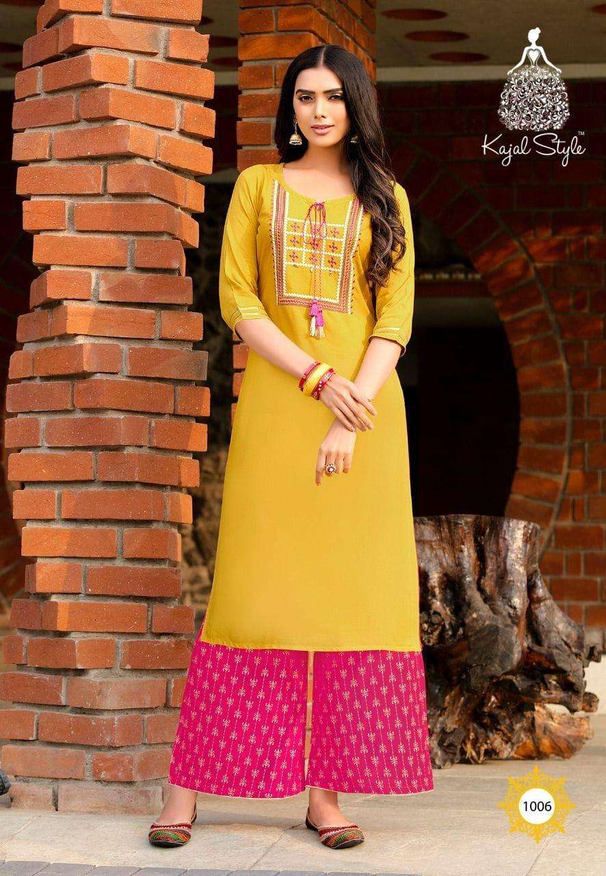 FASHION DIVA VOL-1 BY KAJAL STYLE 1001 TO 1008 SERIES BEAUTIFUL STYLISH FANCY COLORFUL CASUAL WEAR & ETHNIC WEAR HEAVY RAYON EMBROIDERED KURTIS WITH BOTTOM AT WHOLESALE PRICE