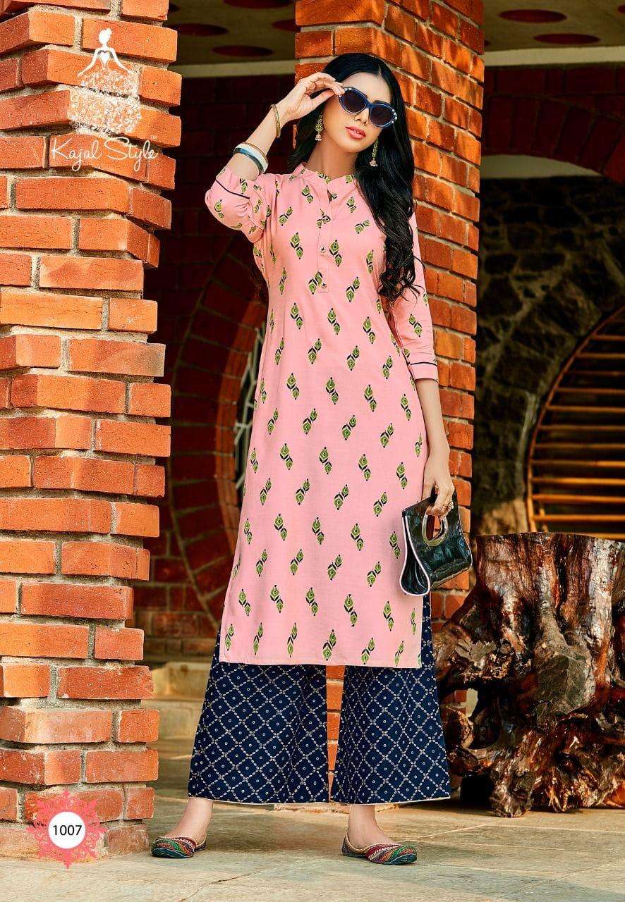 FASHION DIVA VOL-1 BY KAJAL STYLE 1001 TO 1008 SERIES BEAUTIFUL STYLISH FANCY COLORFUL CASUAL WEAR & ETHNIC WEAR HEAVY RAYON EMBROIDERED KURTIS WITH BOTTOM AT WHOLESALE PRICE