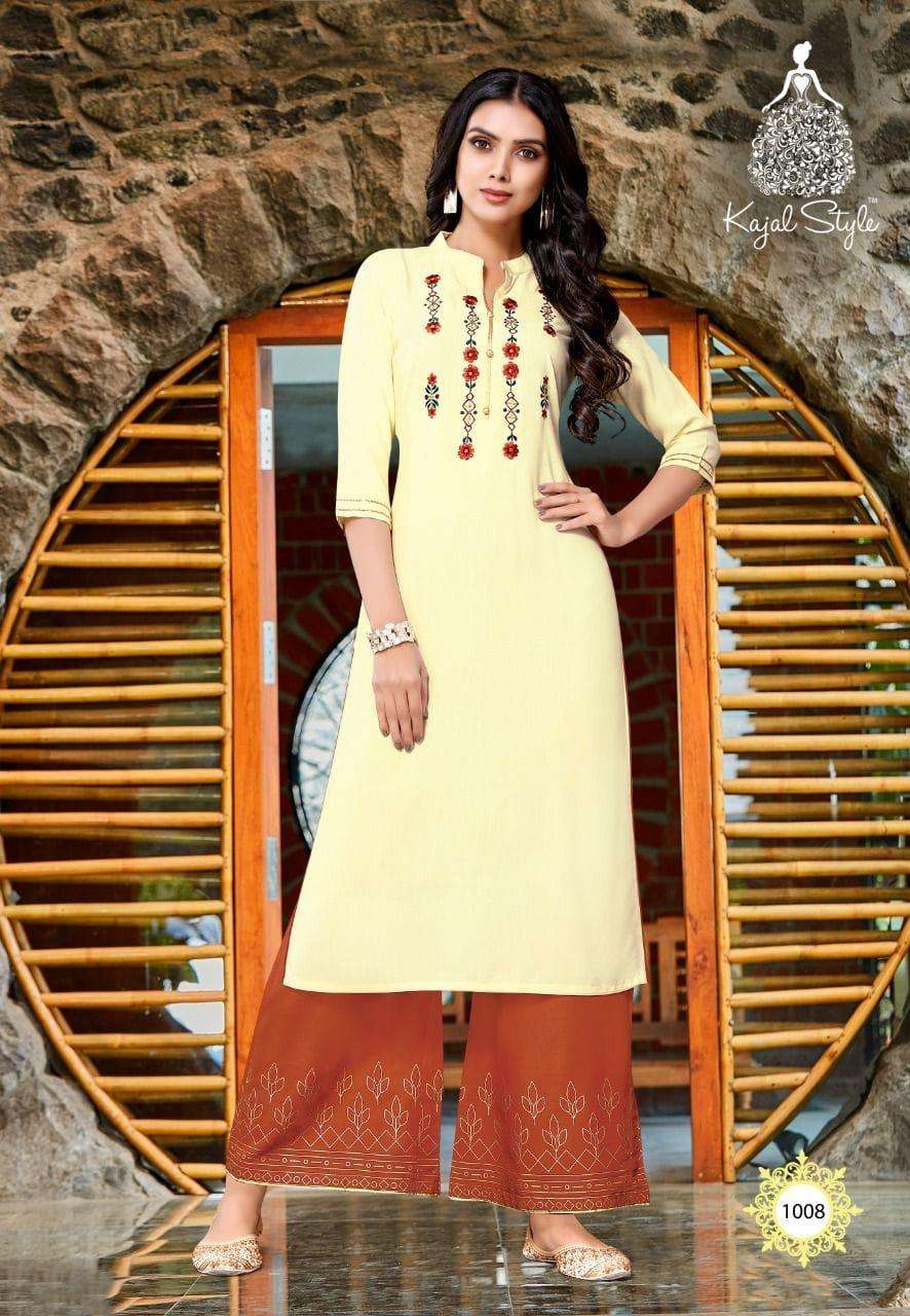 FASHION DIVA VOL-1 BY KAJAL STYLE 1001 TO 1008 SERIES BEAUTIFUL STYLISH FANCY COLORFUL CASUAL WEAR & ETHNIC WEAR HEAVY RAYON EMBROIDERED KURTIS WITH BOTTOM AT WHOLESALE PRICE