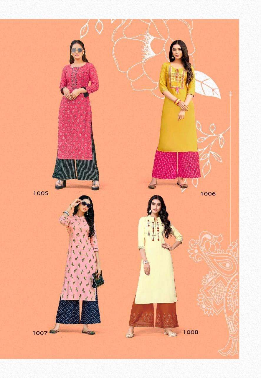 FASHION DIVA VOL-1 BY KAJAL STYLE 1001 TO 1008 SERIES BEAUTIFUL STYLISH FANCY COLORFUL CASUAL WEAR & ETHNIC WEAR HEAVY RAYON EMBROIDERED KURTIS WITH BOTTOM AT WHOLESALE PRICE