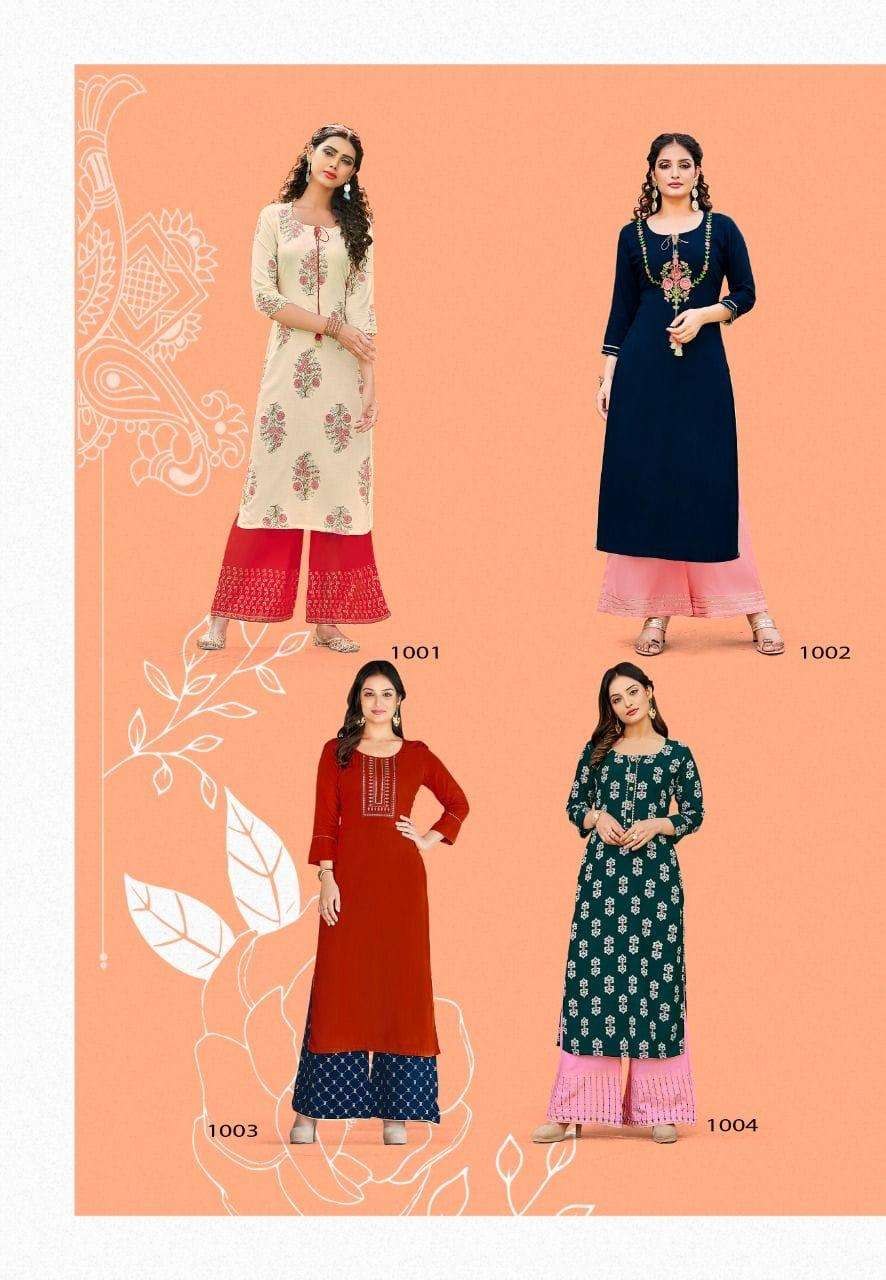 FASHION DIVA VOL-1 BY KAJAL STYLE 1001 TO 1008 SERIES BEAUTIFUL STYLISH FANCY COLORFUL CASUAL WEAR & ETHNIC WEAR HEAVY RAYON EMBROIDERED KURTIS WITH BOTTOM AT WHOLESALE PRICE