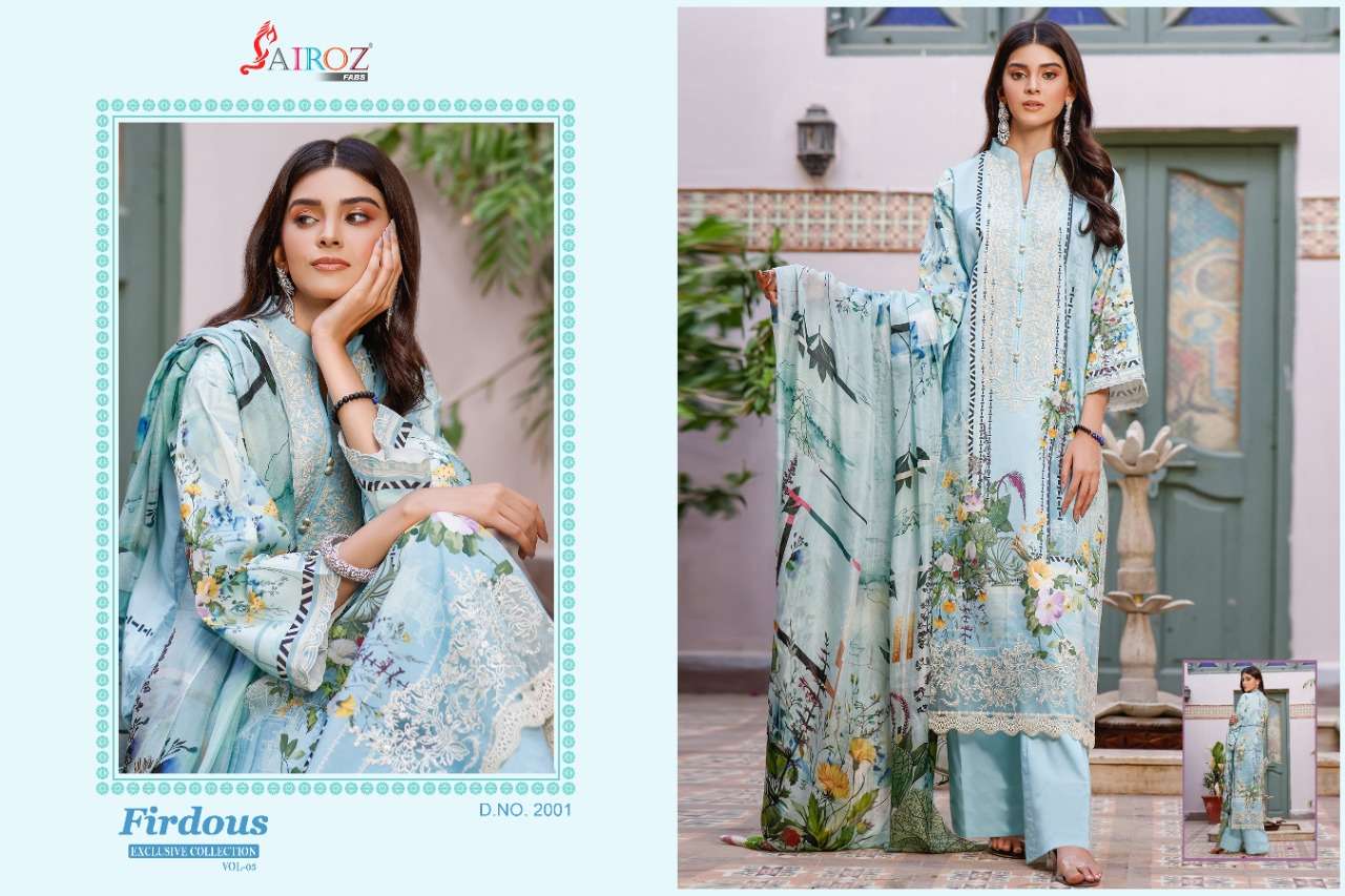 FIRDOUS EXCLUSIVE COLLECTION VOL-3 BY SAIROZ FABS 2001 TO 2003 SERIES BEAUTIFUL SUITS STYLISH FANCY COLORFUL PARTY WEAR & OCCASIONAL WEAR COTTON DIGITAL PRINT WITH EMBROIDERY DRESSES AT WHOLESALE PRICE