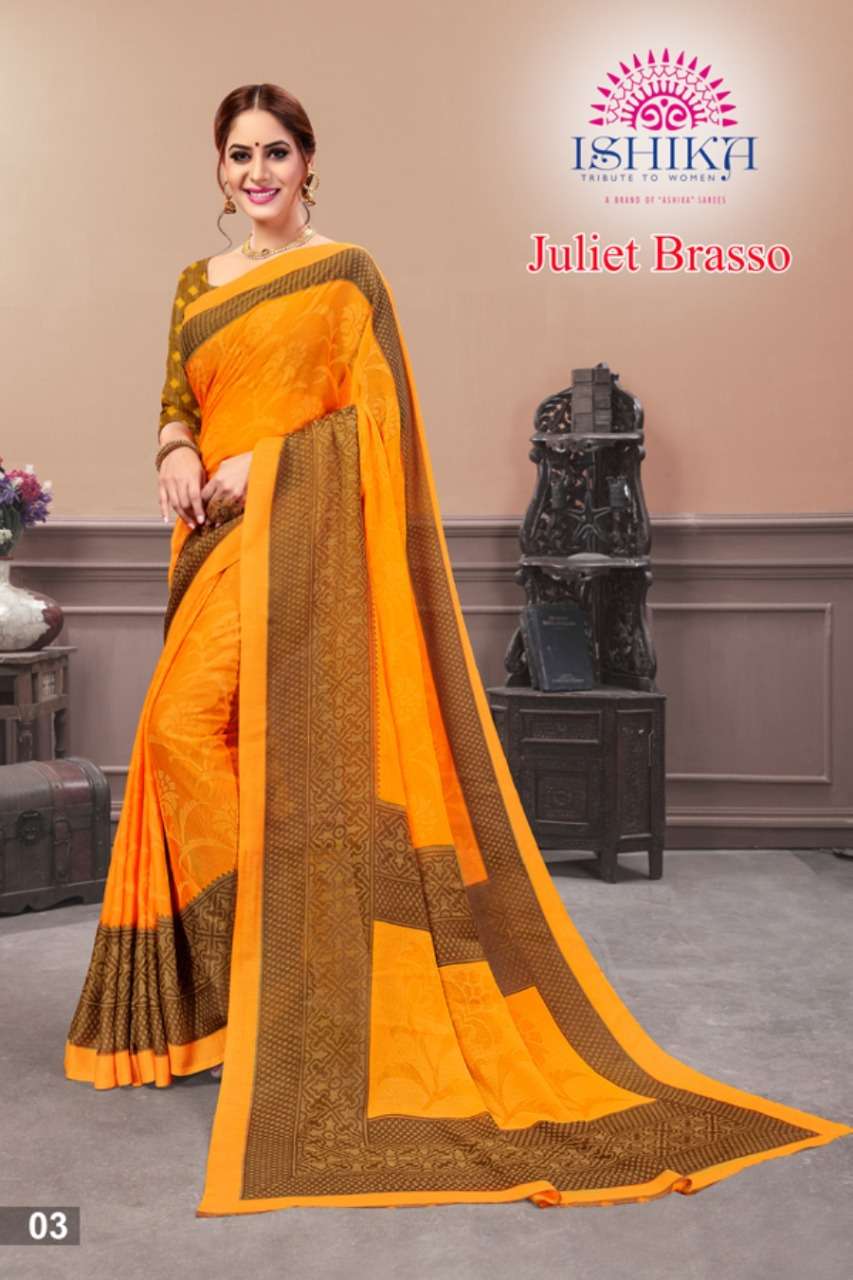 JULIET BRASSO BY ISHIKA 01 TO 06 SERIES INDIAN TRADITIONAL WEAR COLLECTION BEAUTIFUL STYLISH FANCY COLORFUL PARTY WEAR & OCCASIONAL WEAR BRASSO SAREES AT WHOLESALE PRICE