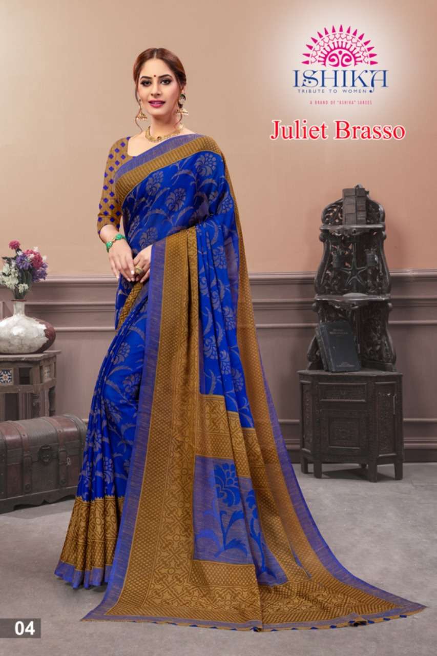 JULIET BRASSO BY ISHIKA 01 TO 06 SERIES INDIAN TRADITIONAL WEAR COLLECTION BEAUTIFUL STYLISH FANCY COLORFUL PARTY WEAR & OCCASIONAL WEAR BRASSO SAREES AT WHOLESALE PRICE