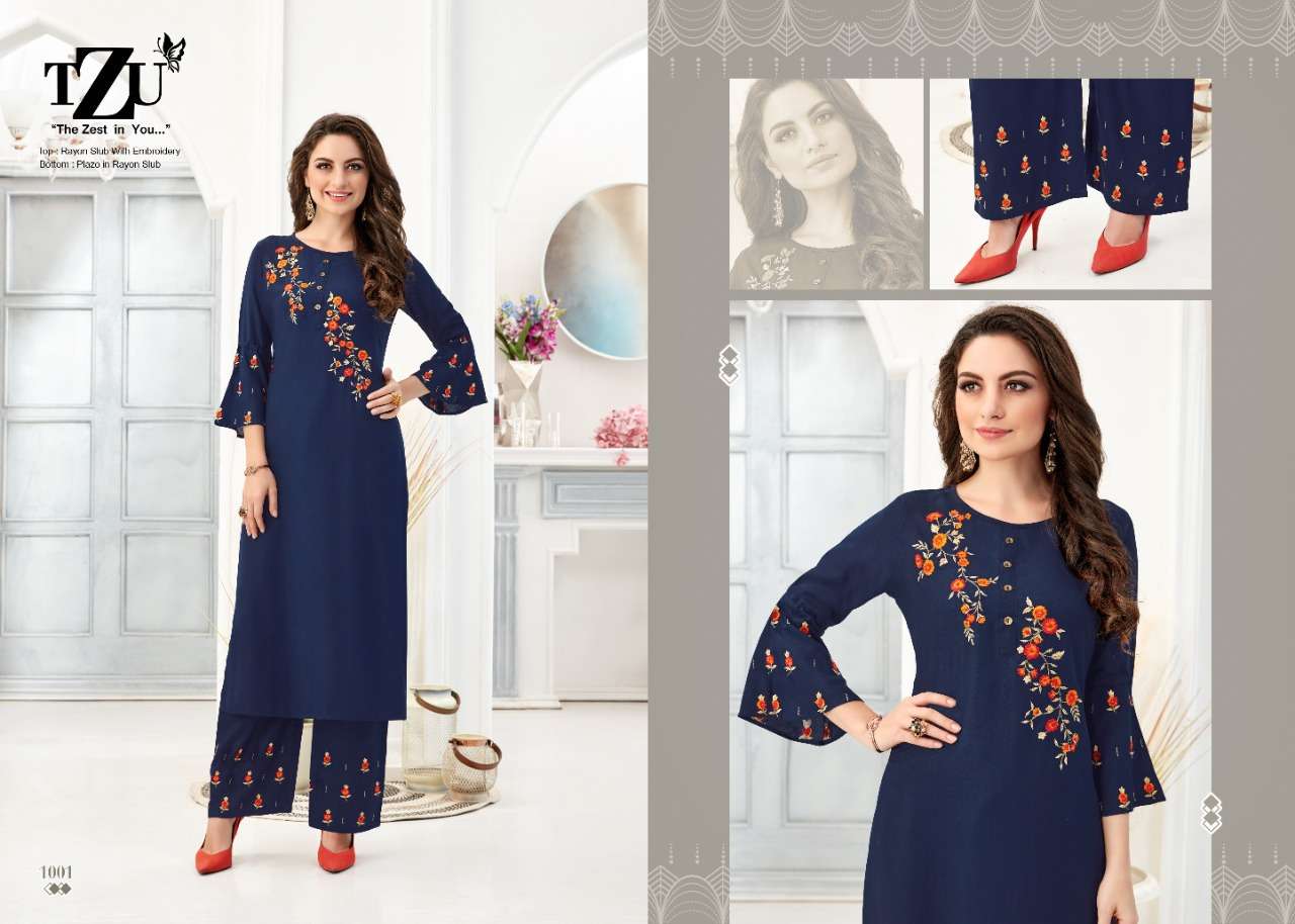 ZIVAH BY TZU 1001 TO 1004 SERIES DESIGNER STYLISH FANCY COLORFUL BEAUTIFUL PARTY WEAR & ETHNIC WEAR COLLECTION SOFT RAYON SLUB EMBROIDERY KURTIS WITH BOTTOM AT WHOLESALE PRICE