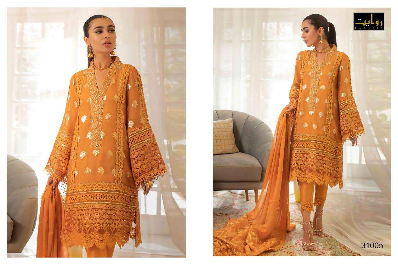 ANAYA VOL-1 BY RAWAYAT 31005 TO 31008 SERIES BEAUTIFUL PAKISTANI SUITS STYLISH FANCY COLORFUL PARTY WEAR & OCCASIONAL WEAR PURE COTTON WITH EMBROIDERY DRESSES AT WHOLESALE PRICE