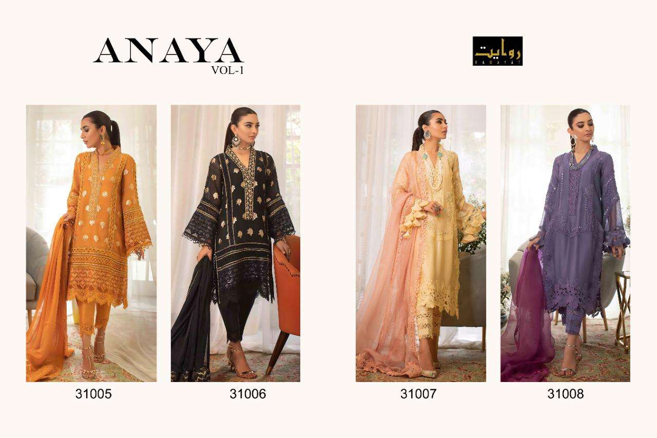 ANAYA VOL-1 BY RAWAYAT 31005 TO 31008 SERIES BEAUTIFUL PAKISTANI SUITS STYLISH FANCY COLORFUL PARTY WEAR & OCCASIONAL WEAR PURE COTTON WITH EMBROIDERY DRESSES AT WHOLESALE PRICE