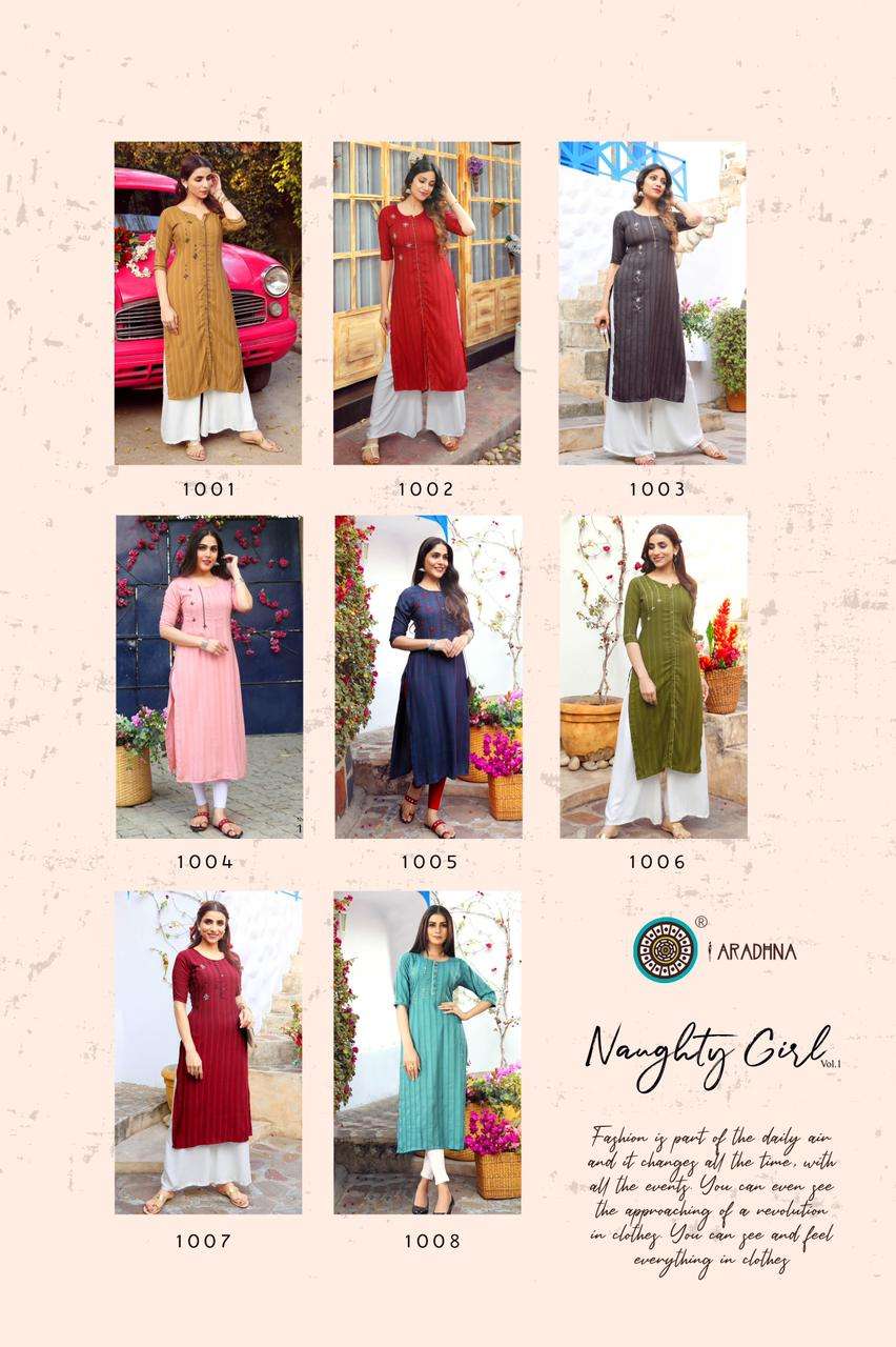 NAUGHTY GIRL VOL-1 BY ARADHNA FASHION 1001 TO 1008 SERIES DESIGNER STYLISH FANCY COLORFUL BEAUTIFUL PARTY WEAR & ETHNIC WEAR COLLECTION RAYON WITH WORK KURTIS AT WHOLESALE PRICE