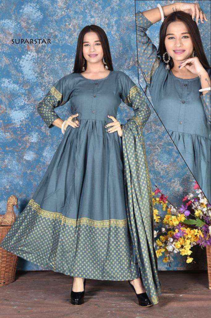 SUPER STAR BY S S KURTIS 01 TO 06 SERIES BEAUTIFUL STYLISH FANCY COLORFUL CASUAL WEAR & ETHNIC WEAR RAYON FOIL PRINT GOWNS WITH DUPATTA AT WHOLESALE PRICE