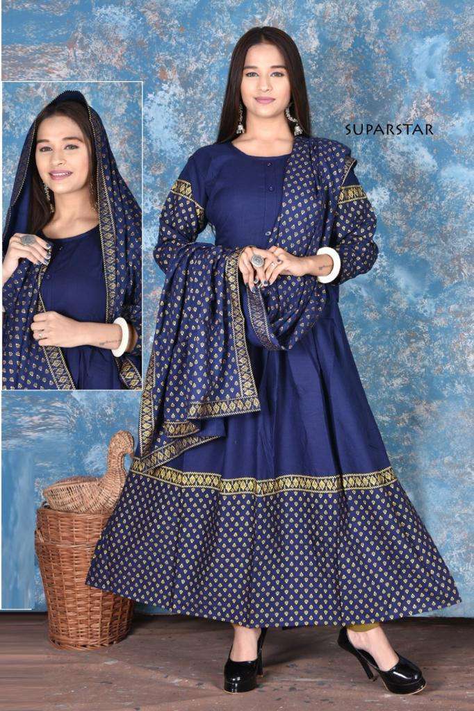 SUPER STAR BY S S KURTIS 01 TO 06 SERIES BEAUTIFUL STYLISH FANCY COLORFUL CASUAL WEAR & ETHNIC WEAR RAYON FOIL PRINT GOWNS WITH DUPATTA AT WHOLESALE PRICE