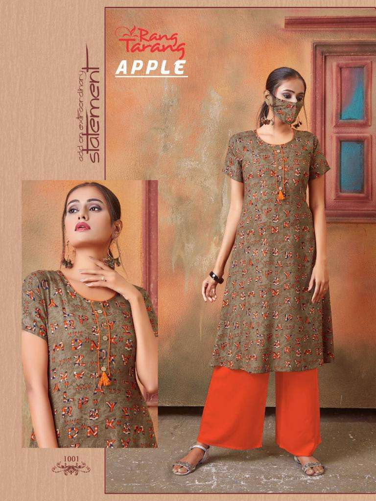 APPLE BY RANG TRANG 1001 TO 1006 SERIES DESIGNER STYLISH FANCY COLORFUL BEAUTIFUL PARTY WEAR & ETHNIC WEAR COLLECTION RAYON PRINT KURTIS AT WHOLESALE PRICE