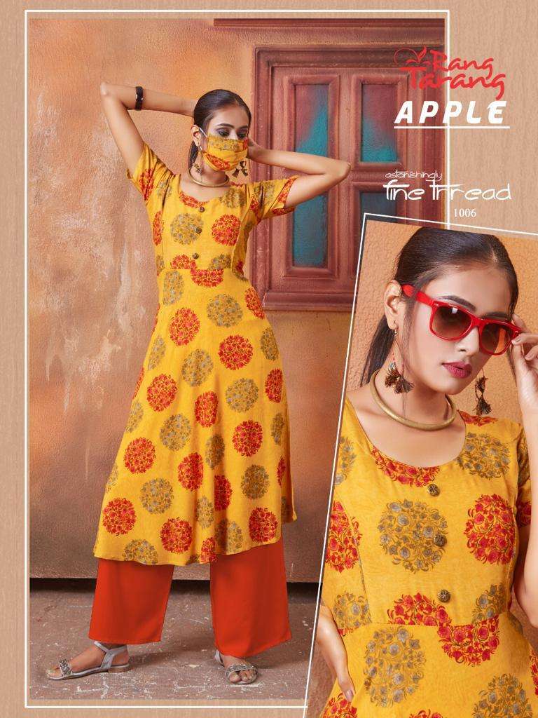 APPLE BY RANG TRANG 1001 TO 1006 SERIES DESIGNER STYLISH FANCY COLORFUL BEAUTIFUL PARTY WEAR & ETHNIC WEAR COLLECTION RAYON PRINT KURTIS AT WHOLESALE PRICE