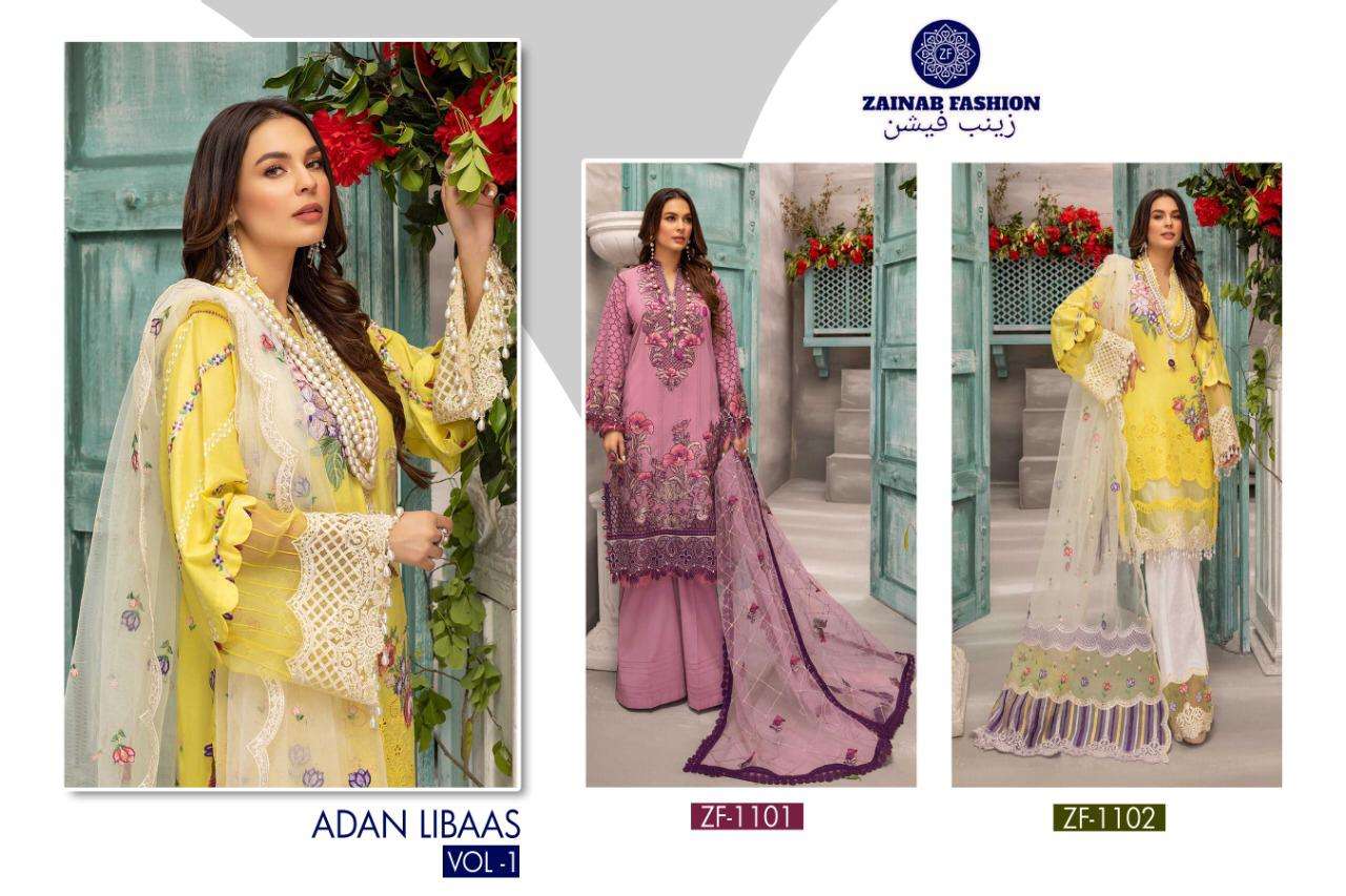 ADAN LIBAAS VOL-1 BY ZAINAB FASHION 1101 TO 1102 SERIES BEAUTIFUL WINTER COLLECTION SUITS STYLISH FANCY COLORFUL CASUAL WEAR & ETHNIC WEAR HEAVY JAM SATIN COTTON WITH WORK DRESSES AT WHOLESALE PRICE