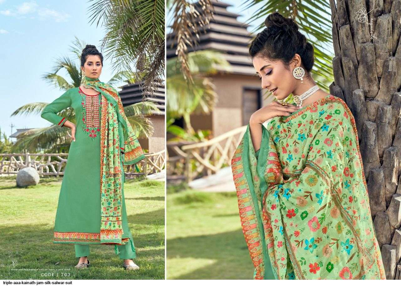 KAINAT BY TRIPLE AAA 701 TO 706 SERIES BEAUTIFUL SUITS COLORFUL STYLISH FANCY CASUAL WEAR & ETHNIC WEAR JAM SILK EMBROIDERED DRESSES AT WHOLESALE PRICE