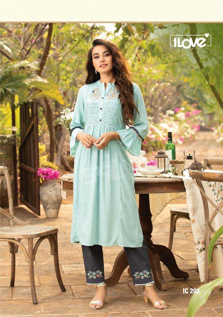 INDI CHIC VOL-2 BY 1 LOVE 201 TO 207 SERIES DESIGNER STYLISH FANCY COLORFUL BEAUTIFUL PARTY WEAR & ETHNIC WEAR COLLECTION RAYON SLUB KURTIS WITH BOTTOM AT WHOLESALE PRICE