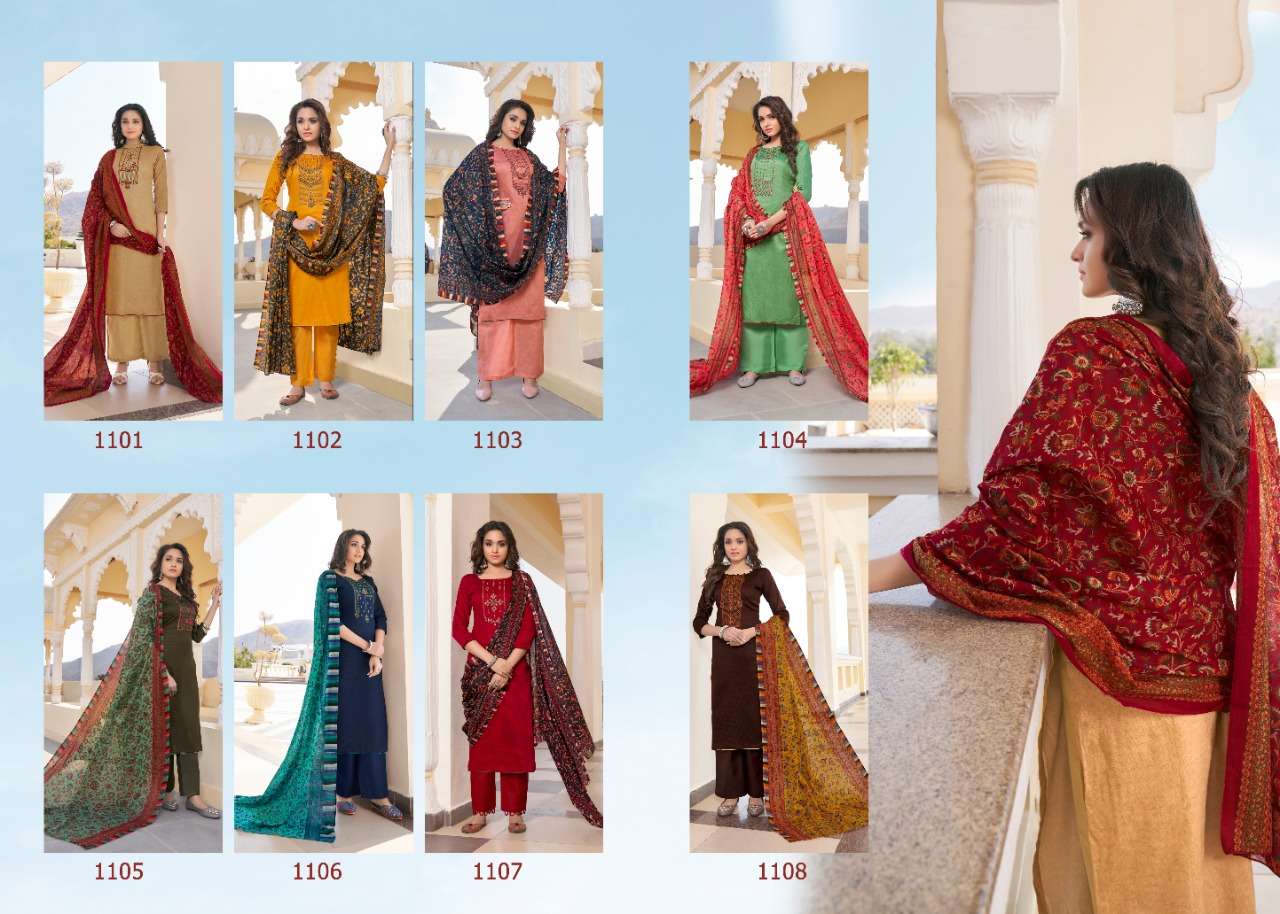 NASHA VOL-1 BY 7 CLOUDS 1101 TO 1108 SERIES BEAUTIFUL STYLISH SUITS FANCY COLORFUL CASUAL WEAR & ETHNIC WEAR & READY TO WEAR PURE JAM PRINT EMBROIDERED DRESSES AT WHOLESALE PRICE