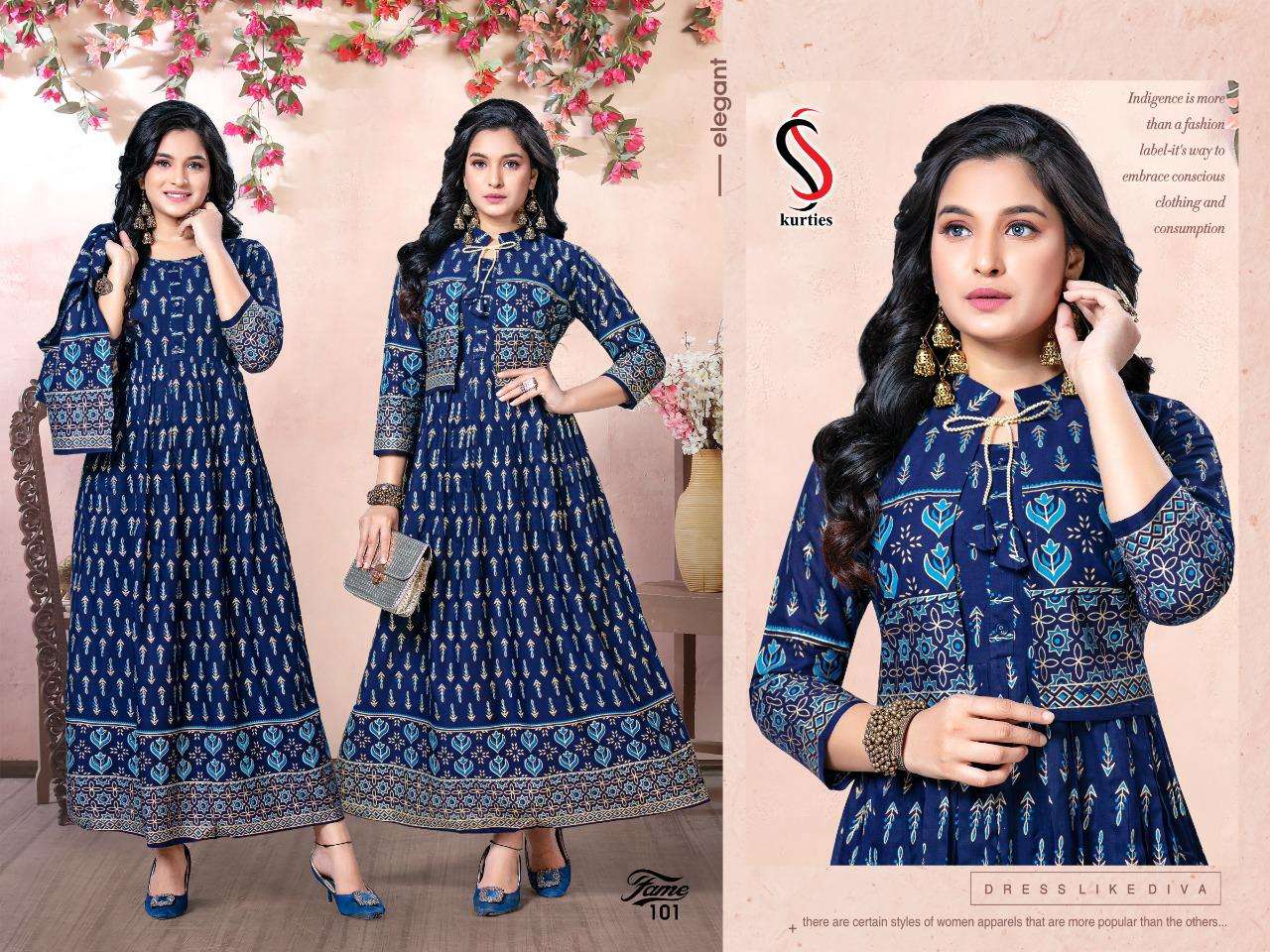 FAME BY S S KURTIS 101 TO 106 SERIES BEAUTIFUL STYLISH FANCY COLORFUL CASUAL WEAR & ETHNIC WEAR RAYON GOWNS AT WHOLESALE PRICE