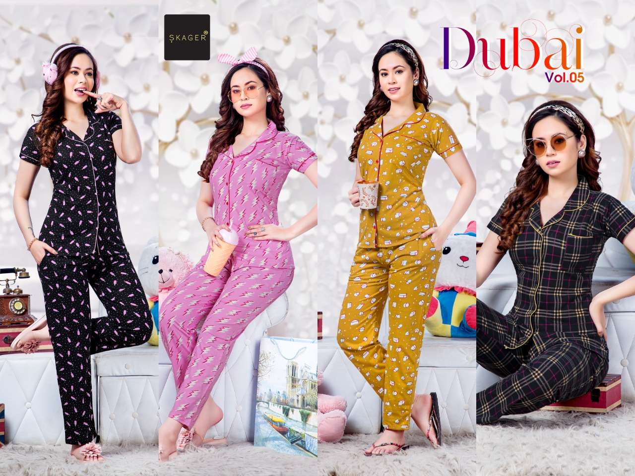 DUBAI VOL-5 BY SKAGER 501 TO 504 SERIES BEAUTIFUL STYLISH FANCY COLORFUL CASUAL WEAR & ETHNIC WEAR HOSIERY NIGHT SUITS AT WHOLESALE PRICE
