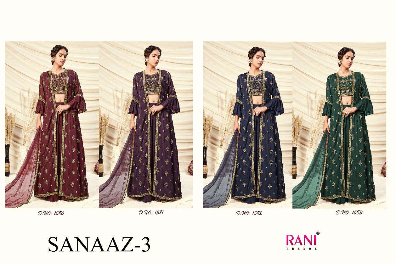 SANAAZ VOL-3 BY RANI TRENDZ 1580 TO 1583 SERIES BEAUTIFUL SUITS STYLISH FANCY COLORFUL PARTY WEAR & OCCASIONAL WEAR REAL GEORGETTE LEHENGAS AT WHOLESALE PRICE