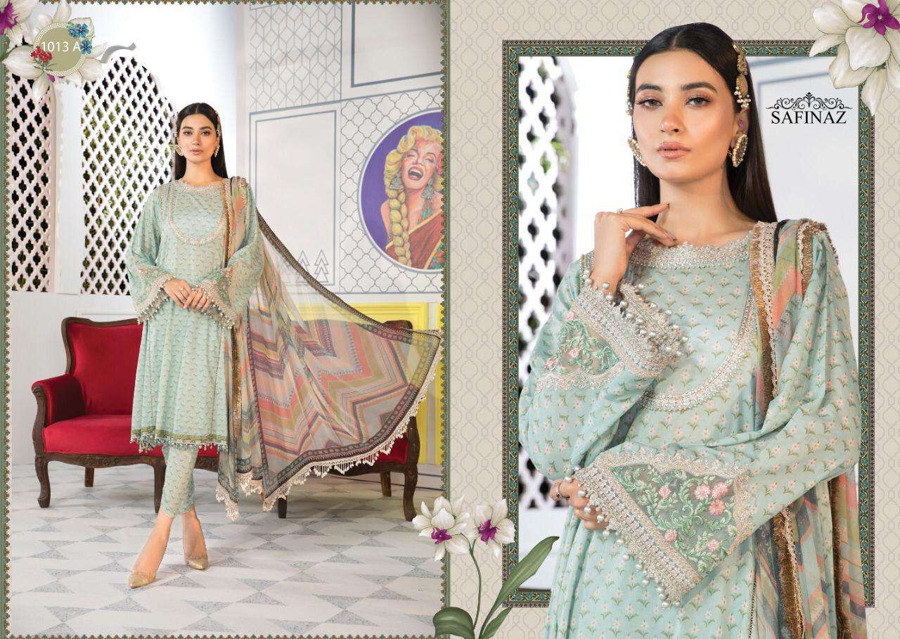 MARIA.B. VOL-4 BY SAFINAZ 1013-A TO 1015-B SERIES PAKISTANI WEAR COLLECTION BEAUTIFUL STYLISH FANCY COLORFUL PARTY WEAR & OCCASIONAL WEAR PURE CAMBRIC COTTON PRINT WITH EMBROIDERED DRESSES AT WHOLESALE PRICE