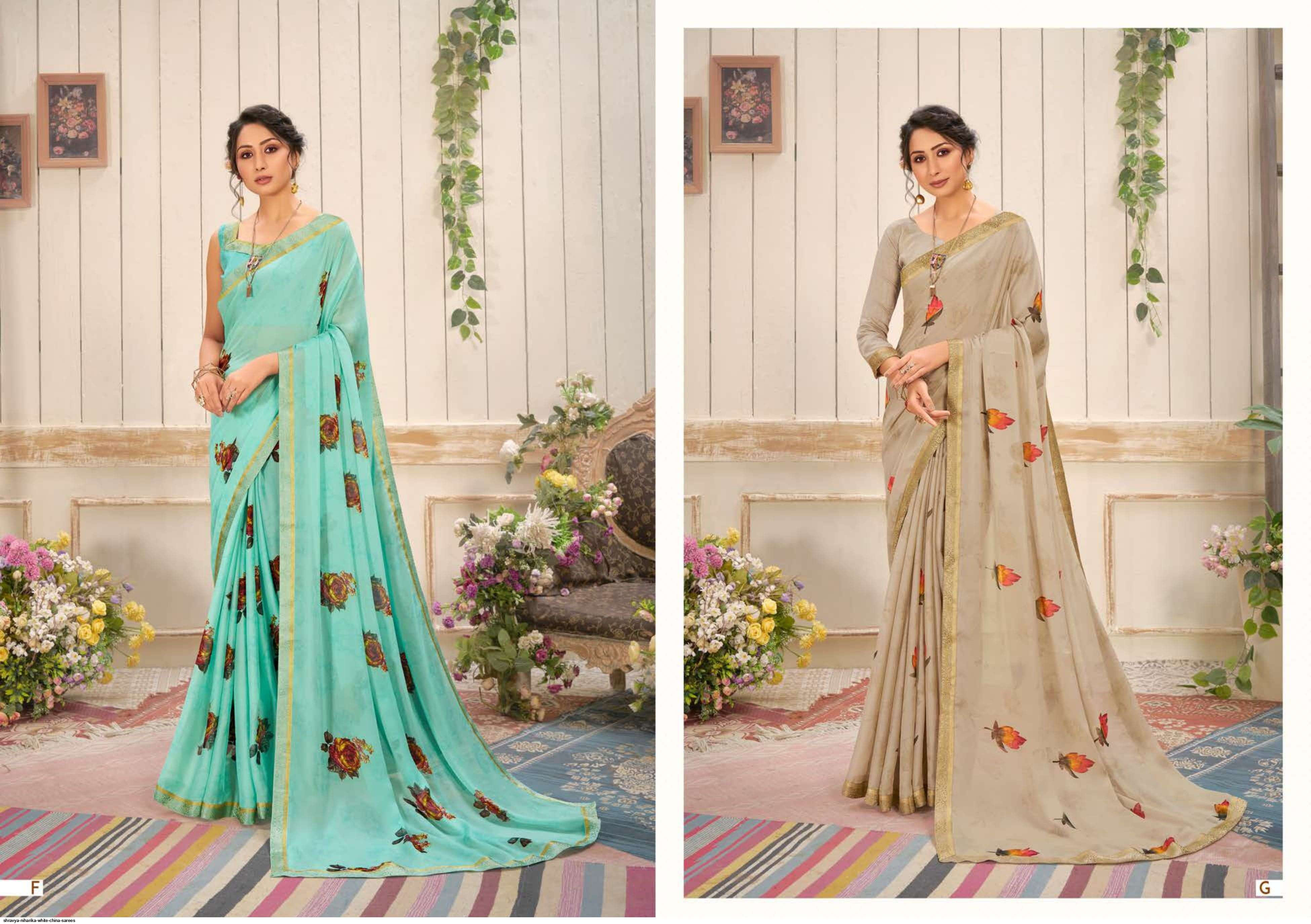 NIHARIKA BY SHRAVYA A TO H SERIES INDIAN TRADITIONAL WEAR COLLECTION BEAUTIFUL STYLISH FANCY COLORFUL PARTY WEAR & OCCASIONAL WEAR WHITE CHINA SAREES AT WHOLESALE PRICE