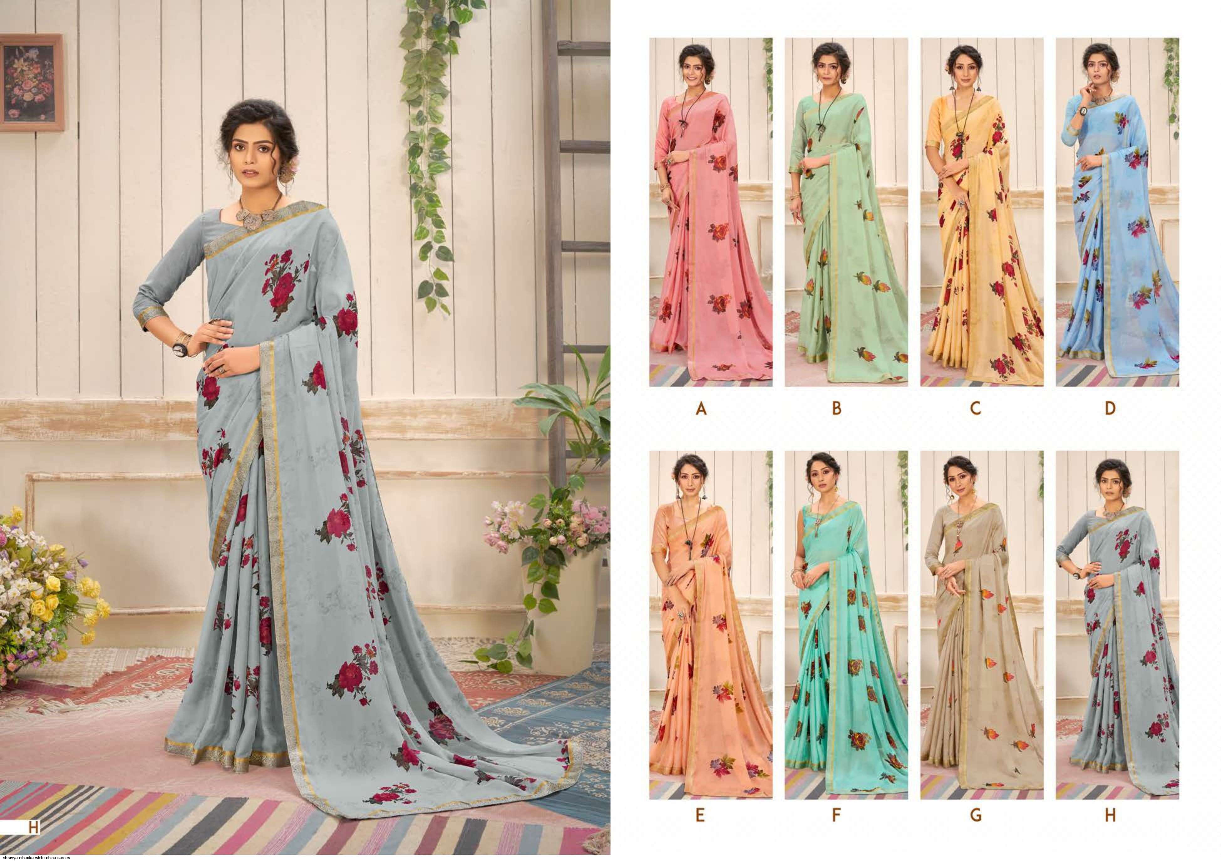 NIHARIKA BY SHRAVYA A TO H SERIES INDIAN TRADITIONAL WEAR COLLECTION BEAUTIFUL STYLISH FANCY COLORFUL PARTY WEAR & OCCASIONAL WEAR WHITE CHINA SAREES AT WHOLESALE PRICE