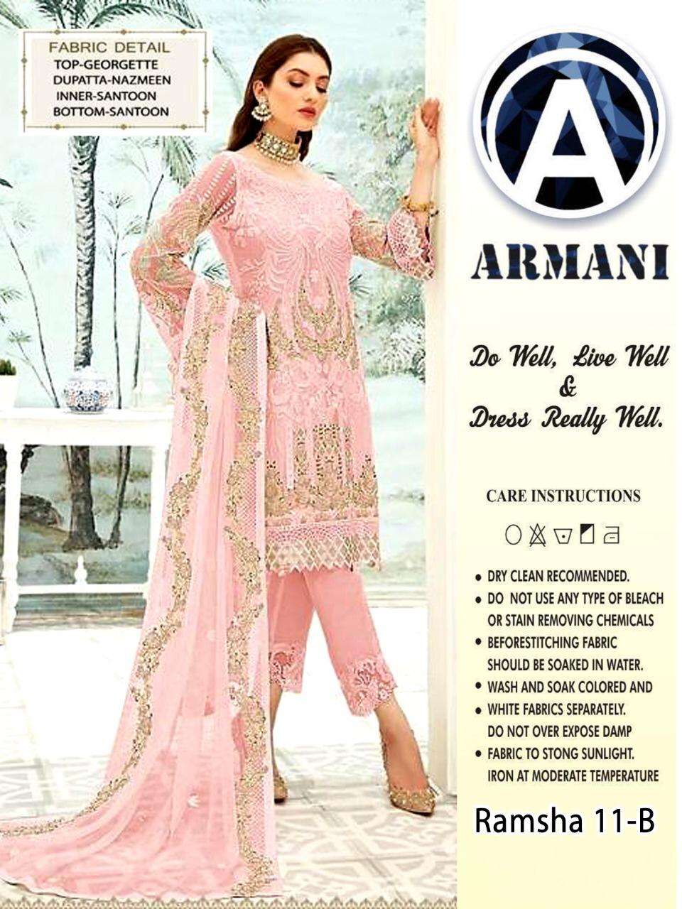 RAMSHA 11 BY ARMANI 11-A TO 11-D SERIES PAKISTANI SUITS BEAUTIFUL FANCY COLORFUL STYLISH PARTY WEAR & OCCASIONAL WEAR FAUX GEORGETTE WITH EMBROIDERY DRESSES AT WHOLESALE PRICE