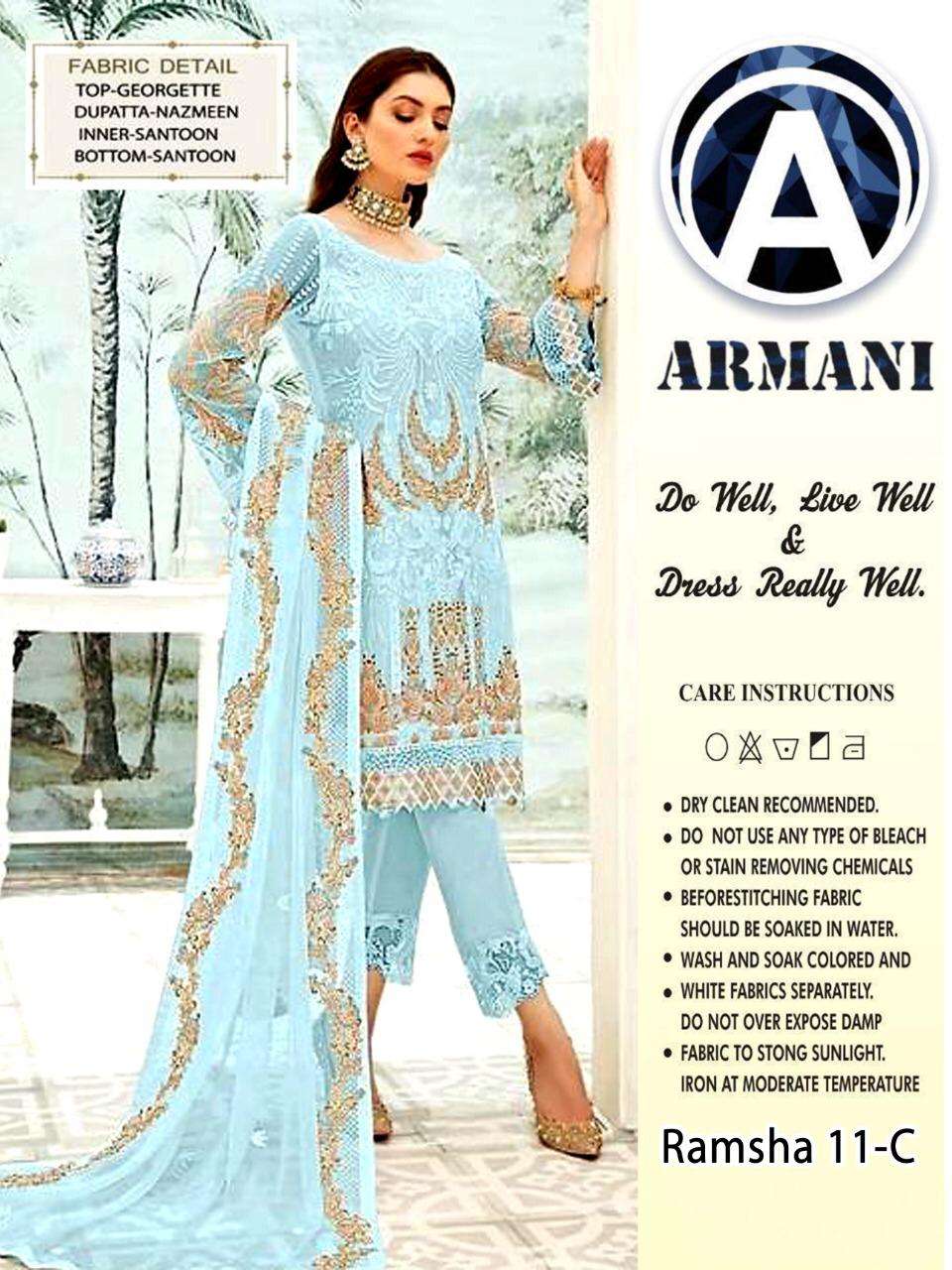 RAMSHA 11 BY ARMANI 11-A TO 11-D SERIES PAKISTANI SUITS BEAUTIFUL FANCY COLORFUL STYLISH PARTY WEAR & OCCASIONAL WEAR FAUX GEORGETTE WITH EMBROIDERY DRESSES AT WHOLESALE PRICE