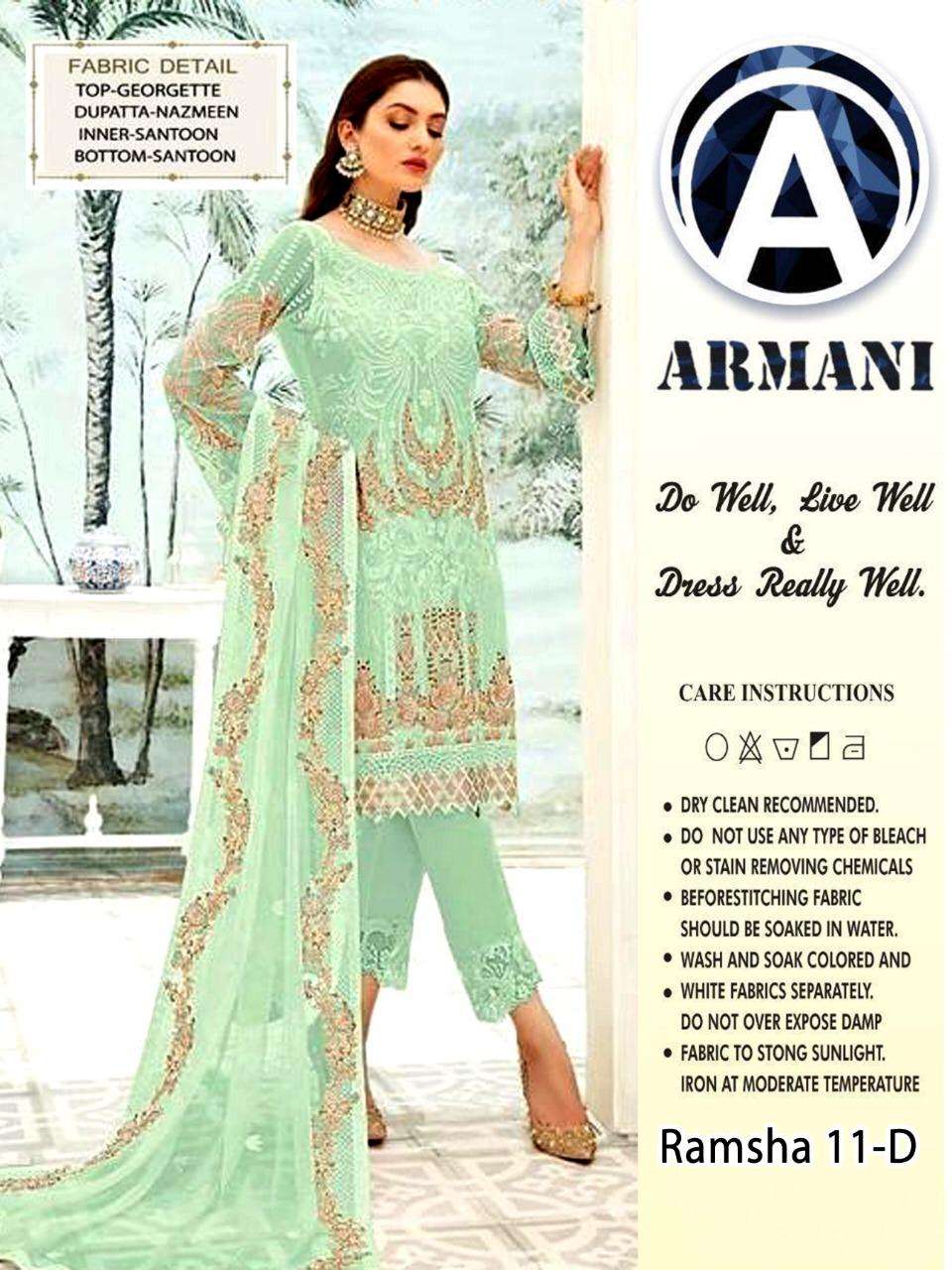 RAMSHA 11 BY ARMANI 11-A TO 11-D SERIES PAKISTANI SUITS BEAUTIFUL FANCY COLORFUL STYLISH PARTY WEAR & OCCASIONAL WEAR FAUX GEORGETTE WITH EMBROIDERY DRESSES AT WHOLESALE PRICE