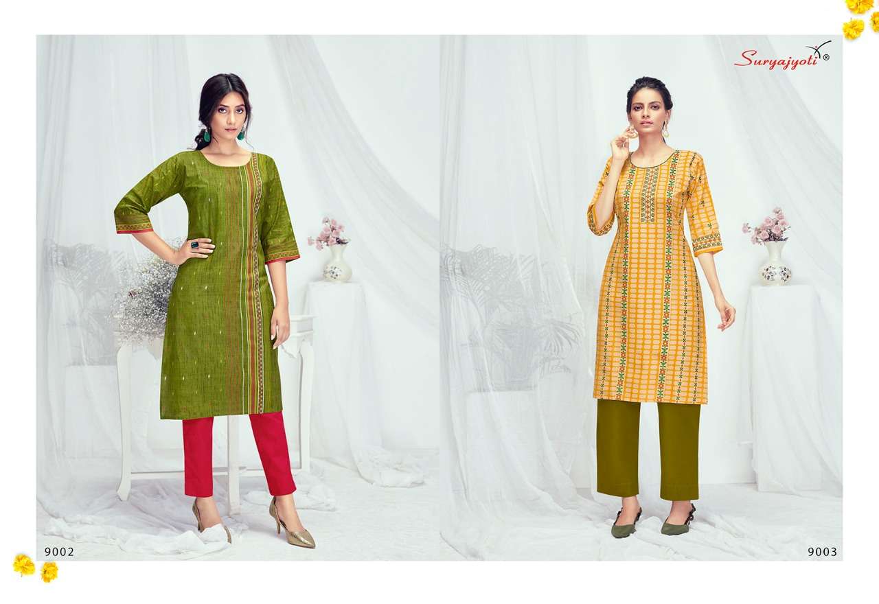 PEHEL VOL-9 BY SURYAJYOTI 9001 TO 9012 SERIES DESIGNER STYLISH FANCY COLORFUL BEAUTIFUL PARTY WEAR & ETHNIC WEAR COLLECTION COTTON PRINT KURTIS AT WHOLESALE PRICE